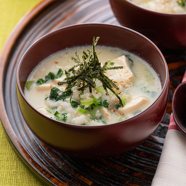 青菜と豆腐の豆乳がゆ