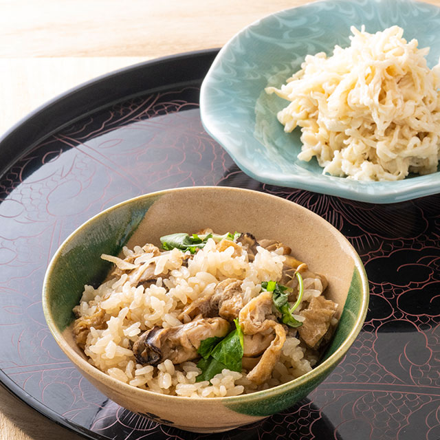 かきごはん・切り干し大根と帆立缶のあえもの