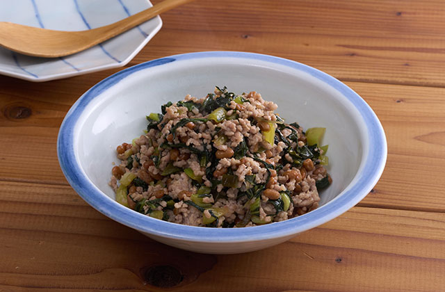 小松菜のたたき漬け・小松菜漬けのそぼろ納豆炒め