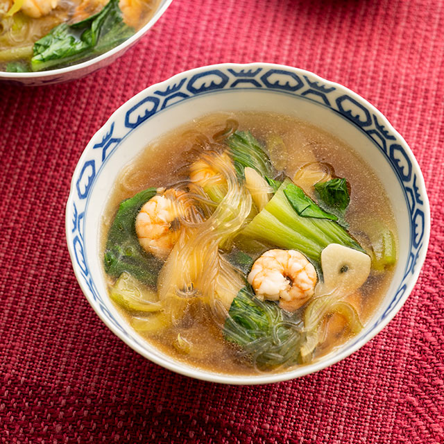 えびとチンゲンサイの中華春雨スープ