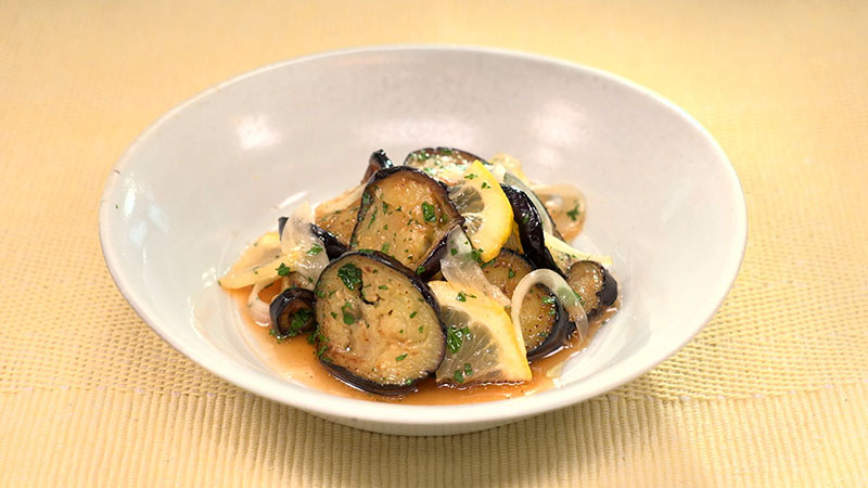 焼きなすのオリーブじょうゆレモンマリネ